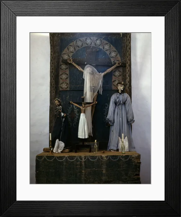 Framed Print : Altar in the church, Trampas, New Mexico. The prevailing colors are grey and blue. A Coca-Cola bottle is used as a candle holder, John Collier photographer, 1943
