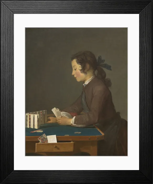 Framed Print : The House of Cards, by Jean Chardin, 1737, French painting, oil on canvas. A boy focuses on an idle pursuit, in one of Chardin's early figure paintings (BSLOC_2016_5_23)