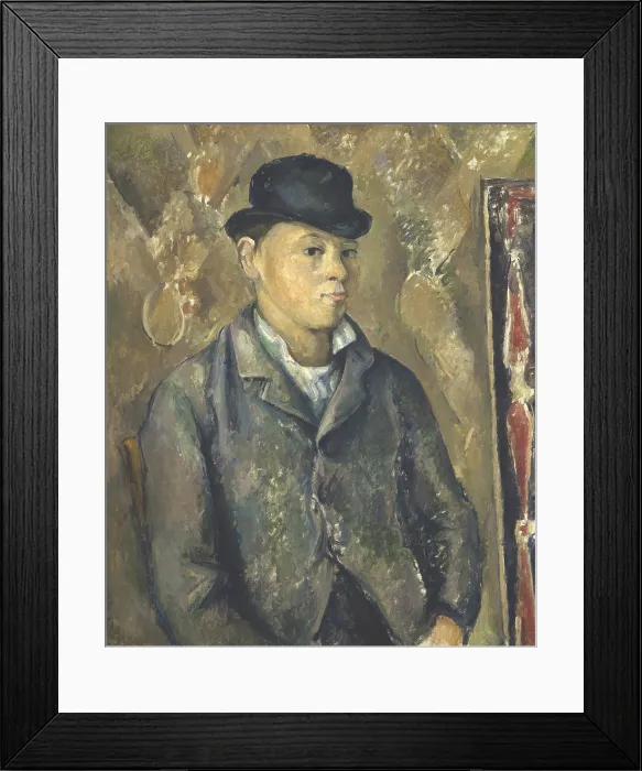 Framed Print : The Artist's Son, Paul, by Paul Cezanne, 1885-90, French Post-Impressionist painting, oil on canvas. The forms in the painting background are not painted as cohesive objects