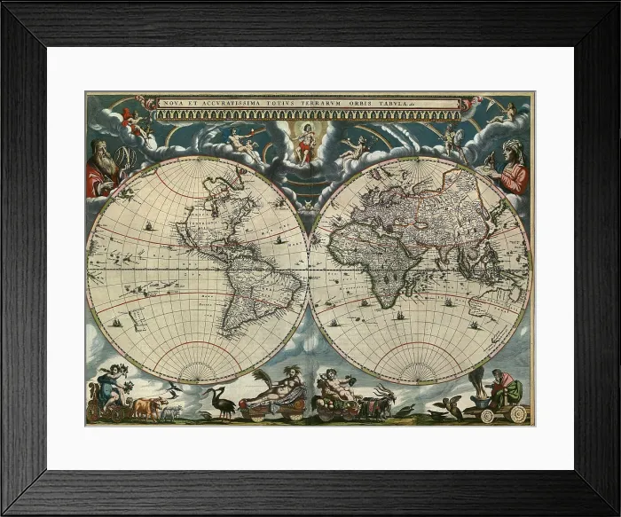 Framed Print : 1664 Dutch world map is richly decorated, and clearly shows the east and west hemispheres. Polar regions are undefined, indicating the limits of 17th century geographic knowledge