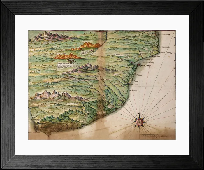 Framed Print : Portuguese map showing detailed views of the South Eastern tip of Africa (present day South Africa)from a 1630 atlas