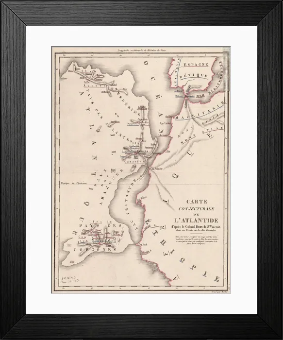Framed Print : 19th century map depicting a conjectured location of the imaginary continent of Atlantis of the coast of North Africa Framed Print : 19th century map depicting a conjectured location of the imaginary continent of Atlantis of the coast of North Africa