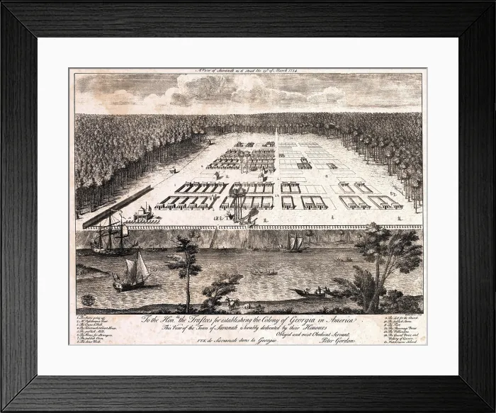 Framed Print : A view of Savannah, Georgia as it stood in 1734. Georgia was last founded of the original thirteen colonies Framed Print : A view of Savannah, Georgia as it stood in 1734. Georgia was last founded of the original thirteen colonies
