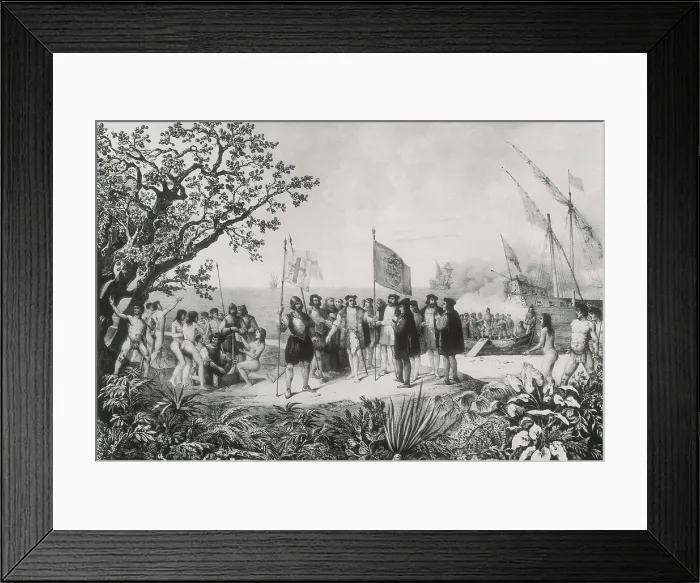 Framed Print : Columbus's arrival in the Americas. Illuystration published in 'Maritime Episodes' by Ramon Aun y Villaln (1913). Engraving. SPAIN. Madrid. National Library