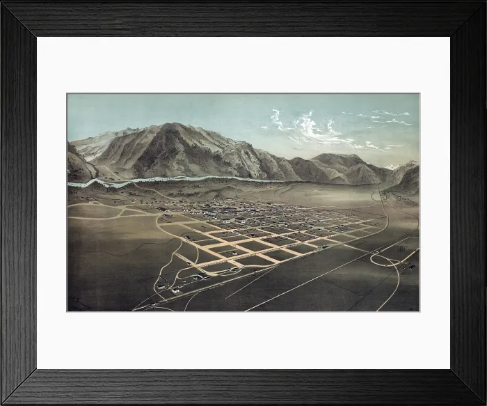 Framed Print : Aerial view of Wood River Valley with Hailey in the foreground. Color lithograph, 1884