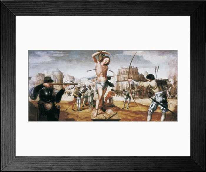 Framed Print : LOPEZGregorio ( -1550). The Martyrdom of St. Sebastian. 16th c. Portuguese school. Renaissance art. Oil on canvas. PORTUGAL. Lisbon. National Museum of Ancient Art