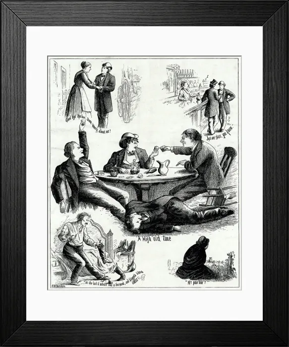 Framed Print : The down hill road. Temperance print showing a young man taking leave of his mother, giving in to alcohol, and ending in the grave over which his mother mourns. lithograph ca