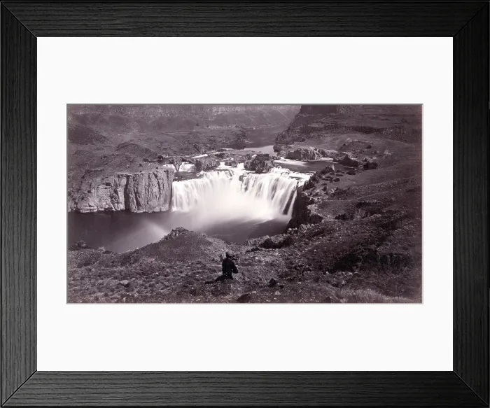 Framed Print : Shoshone Falls, Idaho. Waterfalls, mountains, and man seated on hillside. Timothy O'Sullivan, Albumen print, 1868