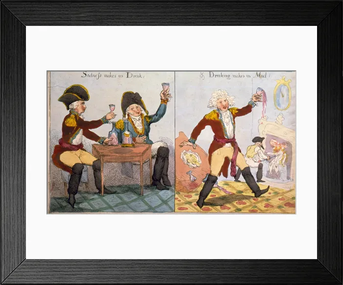 Framed Print : The soldiers definition of madness- drink which leads to madness. Color etching by John Cawse, ca. 1810
