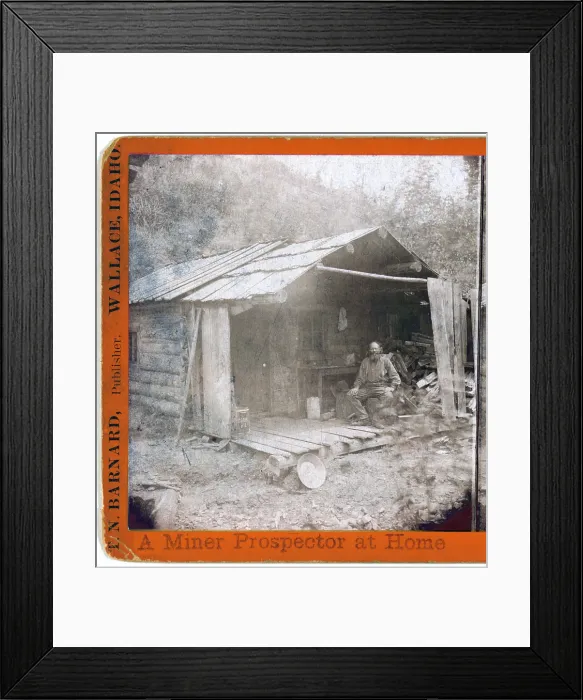 Framed Print : Prospector Archie Smith on the porch of his cabin, Eagle Creek, Murray, Idaho. Albumen print, 1889 Framed Print : Prospector Archie Smith on the porch of his cabin, Eagle Creek, Murray, Idaho. Albumen print, 1889