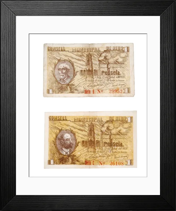Framed Print : Spanish Civil War. Bills issued by the touwn council of Reus for local use (1937). SPAIN. Bilbao. Banco Bilbao Vizcaya Argentaria Foundation Framed Print : Spanish Civil War. Bills issued by the touwn council of Reus for local use (1937). SPAIN. Bilbao. Banco Bilbao Vizcaya Argentaria Foundation