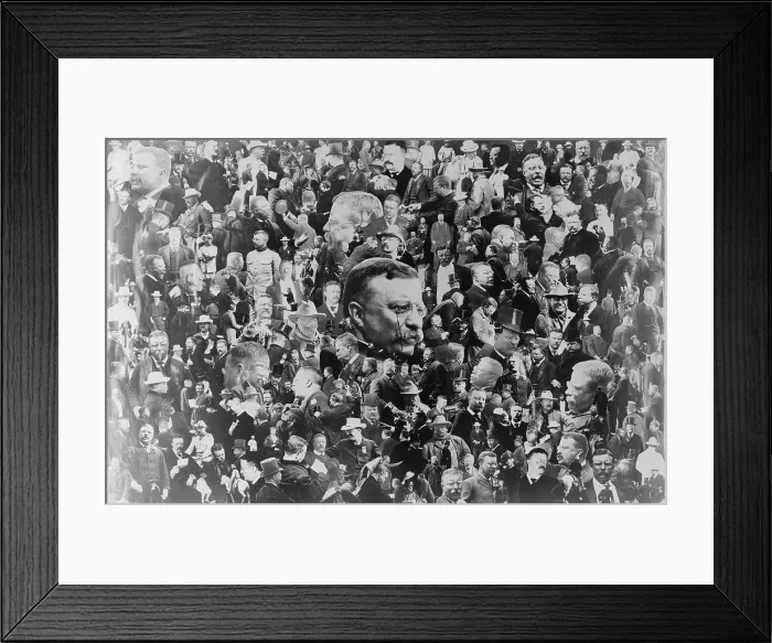 Framed Print : Elaborate 1908 photomontage constructed of hundreds of portraits and other photographs of Theodore Roosevelt engaged in various activities