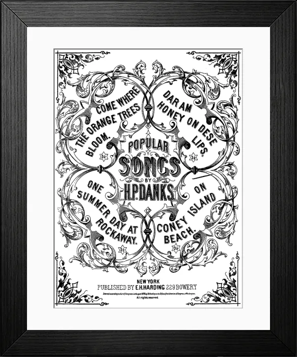 Framed Print : Popular Songs by H.P. Danks, featuring On Coney Island Beach, Come Where The Orange Trees Bloom, One Summer Day At Rockaway, Daram Honey On Dese Lips, sheet music, circa 1878 Framed Print : Popular Songs by H.P. Danks, featuring On Coney Island Beach, Come Where The Orange Trees Bloom, One Summer Day At Rockaway, Daram Honey On Dese Lips, sheet music, circa 1878