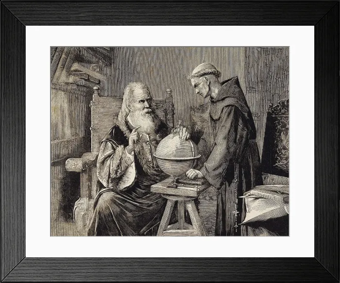 Framed Print : PARRA, Felix (1503-1540); GALILEO, Galileo Galilei, called (1564-1642). Galileo proving his astronomical theories. Engraving based on a painting by Flix Parra. Engraving
