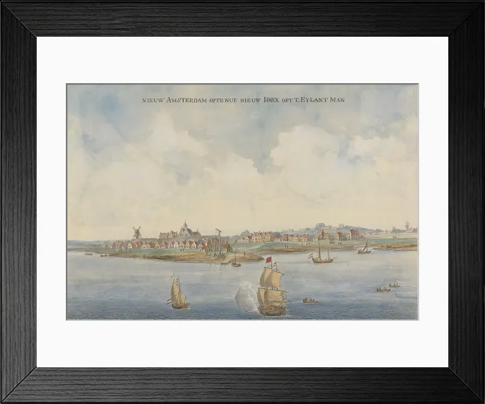 Framed Print : New Amsterdam, by Anonymous Artist, c. 1660, Dutch painting, watercolor on paper. View of coastline of an Manhattan Island from the sea. Three sailing ships fly Dutch flags