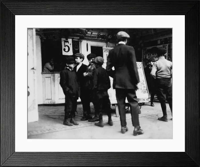 Framed Print : Boys of all ages going to the movies and defying state school laws, 2:30 pm, Jersey City, New Jersey, photograph by Lewis Wickes Hine, November, 1912