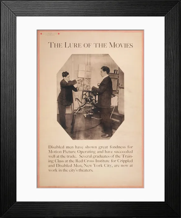 Framed Print : Poster showing disabled man working a film projector, The Lure of the Movies