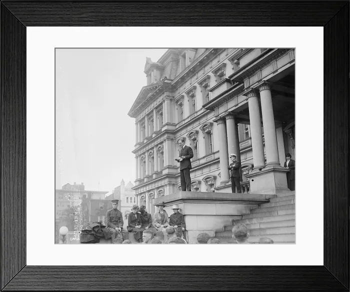 Framed Print : Franklin Roosevelt, not yet forty years old, speaks on the steps of the New York State Capitol. He ran for Vice President as the running mate of James M. Cox in 1920