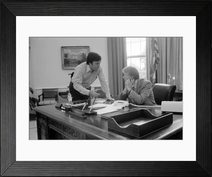 Framed Print : President Carter and his Chief of Staff Hamilton Jordan working on Panama Canal Treaty in the White House Oval Office. Ca. 1977-78