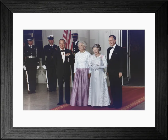 Framed Print : President George and Barbara Bush stand with Queen Elizabeth II and Prince Philip before a state dinner in honor of the Queen. May 14 1991