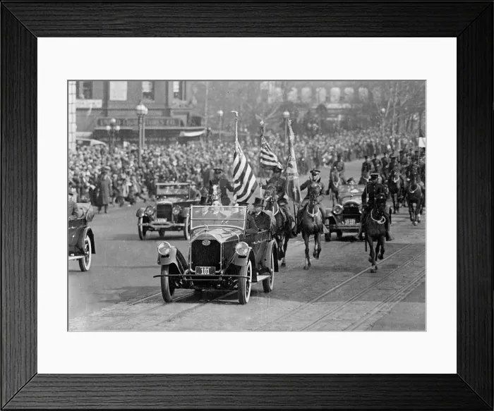 Framed Print : President Calvin Coolidge (1872-33) and others riding in a car during his inaugural parade. March 4, 1925