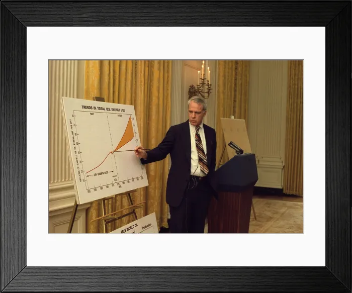 Framed Print : James Schlesinger b. 1929 giving a briefing on energy when he was the First Secretary of Energy during the Jimmy Carter Administration. Ca. 1977-79