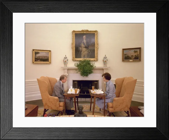Framed Print : Jimmy Carter and Rosalynn Carter having one of their weekly working lunches in the Oval Office
