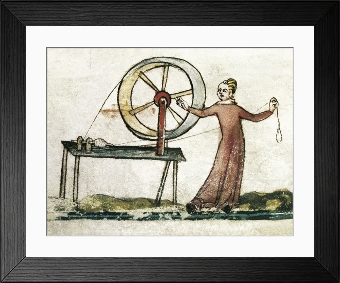 Framed Print : Medieval Spinster. Miniature in 'The Smithfield Decretals'. Compendium c. 1340 of the decretals of Pope Gregory IX. Manuscript Ms Royal 10 E. Gothic art