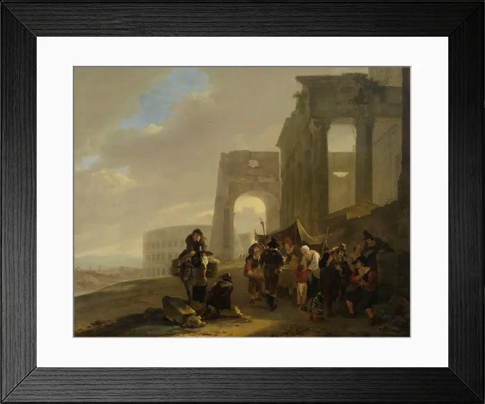 Framed Print : Street Scene Placed among Roman Ruins, by Jan Both, 1640-52, Dutch painting, oil on canvas. A group of figures has gathered at a stall serving wine near the ruins of Rome