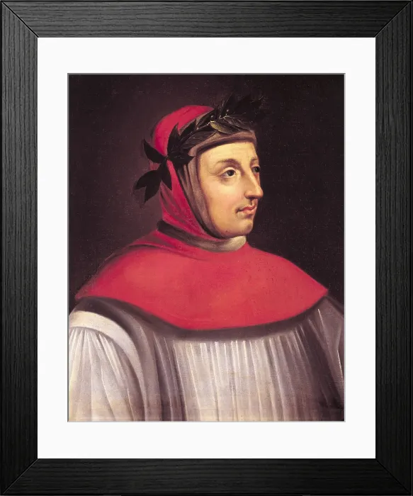 Framed Print : PETRARCH (1304-1374). Italian humanist and poet. Anonymous portrait of the Italian School (17th c.). Petrarch. 17th c. Oil on wood. FRANCE. Versailles