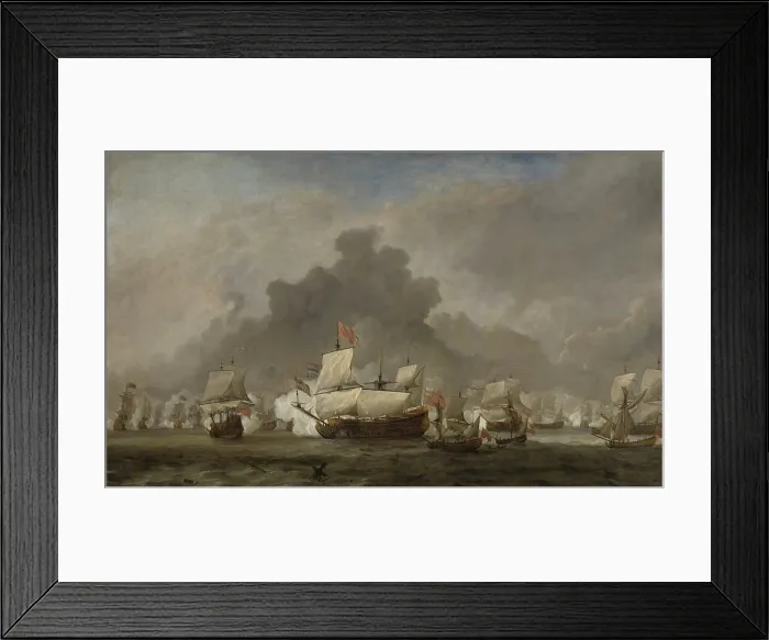 Framed Print : Naval Battle between Michiel Adriaensz de Ruyter and the Duke of York on the Royal Prince during the Battle of Solebay, by Willem van de Velde (II), 1691, Dutch painting