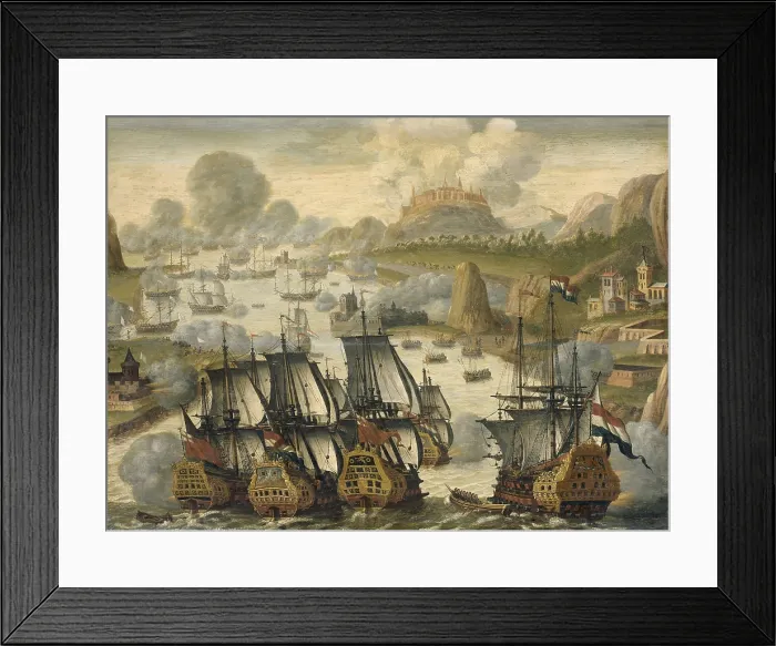 Framed Print : Naval Battle of Vigo Bay, October 23, 1702. Episode from the War of the Spanish Succession, by Anonymous, c. 1705, Dutch painting, oil on panel