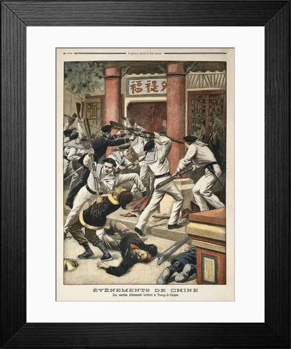 Framed Print : evenements de chine: les marins allemands brlent le Tsung- li-Yamen (Events in China: German sailors burn Tsung-li-Yamen)