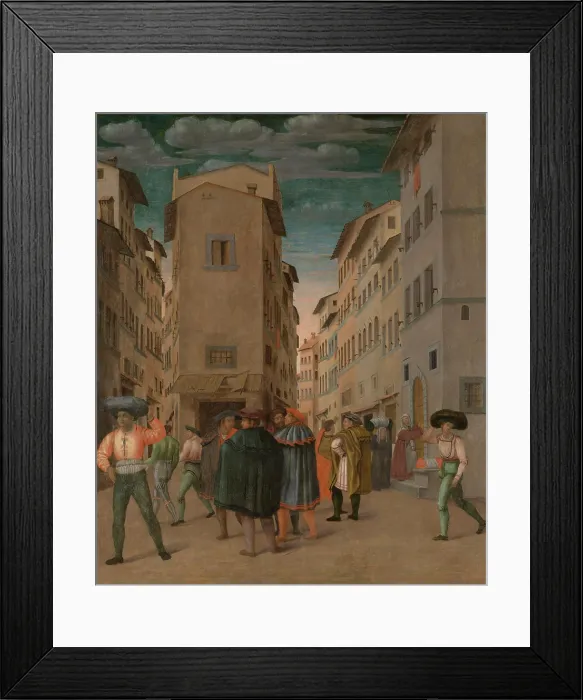 Framed Print : Florentine Street Scene with Twelve Figures (Sheltering the Traveler, One of the Seven Works of Mercy), by Anonymous, 1540-60, Italian painting, oil on panel Framed Print : Florentine Street Scene with Twelve Figures (Sheltering the Traveler, One of the Seven Works of Mercy), by Anonymous, 1540-60, Italian painting, oil on panel