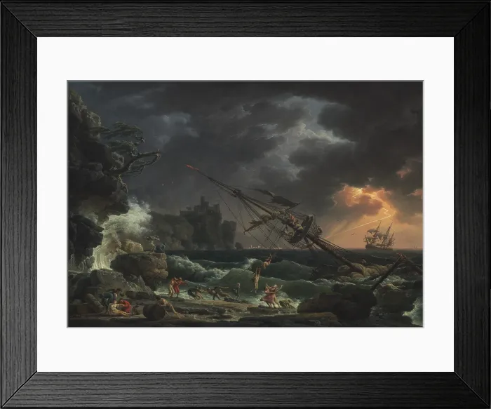 Framed Print : The Shipwreck, by Claude-Joseph Vernet, 1772, French painting, oil on canvas. People escape on a life line from a storm wrecked ship on a rocky shore Framed Print : The Shipwreck, by Claude-Joseph Vernet, 1772, French painting, oil on canvas. People escape on a life line from a storm wrecked ship on a rocky shore