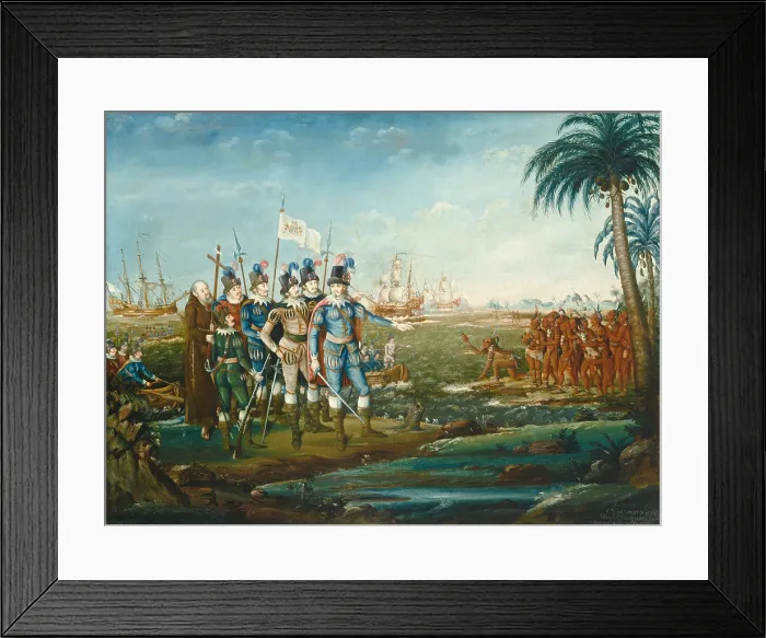 Framed Print : First Landing of Christopher Columbus, by Frederick Kemmelmeyer, c. 1800-05, American painting, oil on canvas. Columbus landing on San Salvador, in the Bahamas, on Oct. 12, 1492 Framed Print : First Landing of Christopher Columbus, by Frederick Kemmelmeyer, c. 1800-05, American painting, oil on canvas. Columbus landing on San Salvador, in the Bahamas, on Oct. 12, 1492