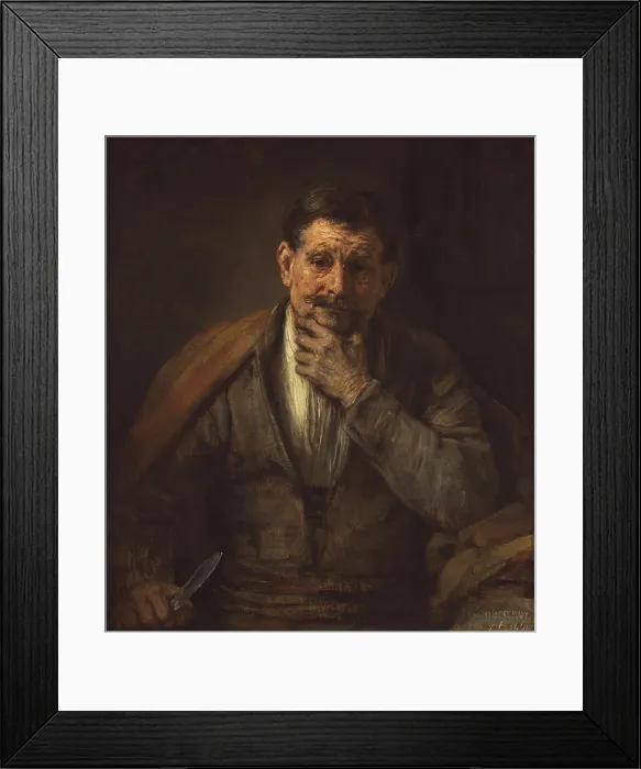 Framed Print : St. Bartholomew, by Rembrandt van Rijn, c. 1661, Dutch painting, oil on canvas. Rembrandt depicted Bartholomew as a common man holding his chin and lost in thought Framed Print : St. Bartholomew, by Rembrandt van Rijn, c. 1661, Dutch painting, oil on canvas. Rembrandt depicted Bartholomew as a common man holding his chin and lost in thought