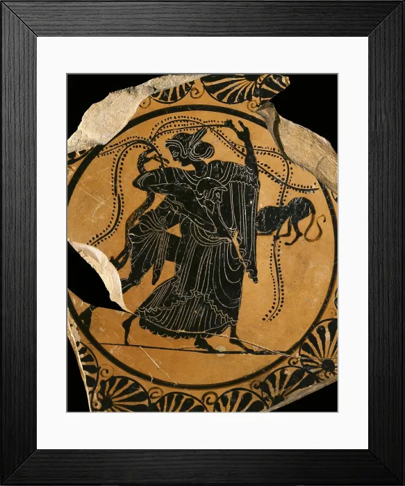 Framed Print : Dance scene. 6th c. BC. Kylix with black figures. Archaic Greek art. Ceramics. ITALY. Rome. National Etruscan Museum of Villa Julia
