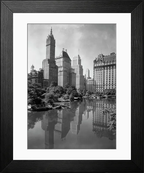Framed Print : New York City, view of plaza buildings over park lake, photograph by Samuel H. Gottscho, January 23, 1933