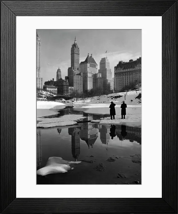 Framed Print : New York City, plaza buildings reflected over park lake, photograph by Samuel H. Gottscho, February 12, 1933 Framed Print : New York City, plaza buildings reflected over park lake, photograph by Samuel H. Gottscho, February 12, 1933
