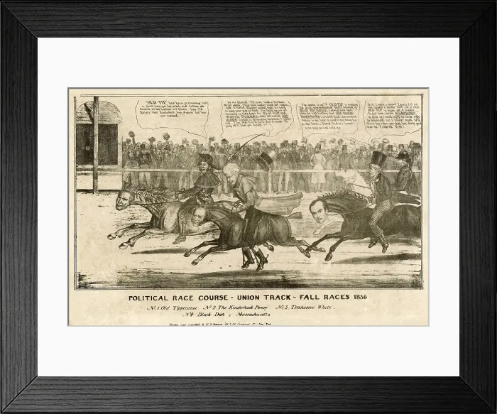 Framed Print : Election of 1836. Political cartoon of the 1836 presidential election as race between four candidate horses jockeyed by their political constituency Framed Print : Election of 1836. Political cartoon of the 1836 presidential election as race between four candidate horses jockeyed by their political constituency