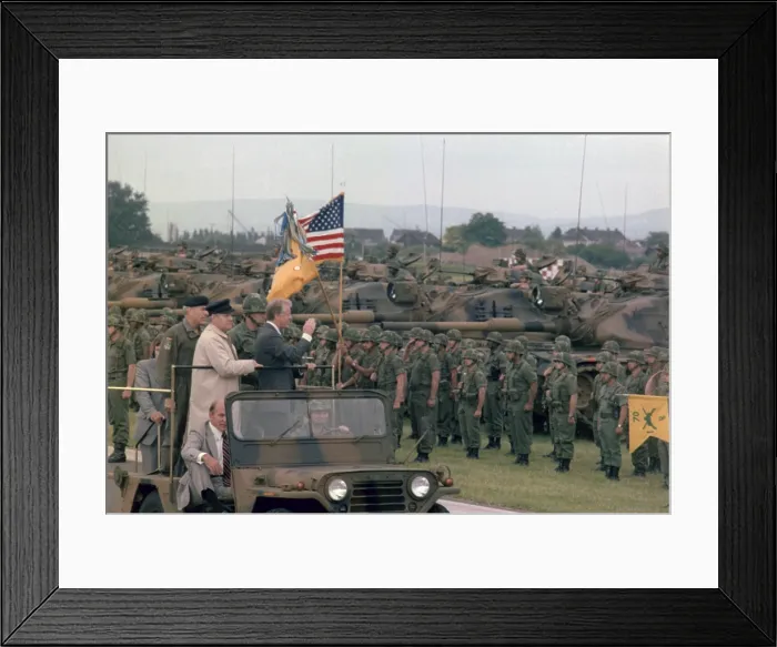 Framed Print : Present Jimmy Carter and Helmut Schmidt review NATO troops and weapons of the US Brigade 76 and the German Panzer Division 14. Jul 15 1978 Framed Print : Present Jimmy Carter and Helmut Schmidt review NATO troops and weapons of the US Brigade 76 and the German Panzer Division 14. Jul 15 1978