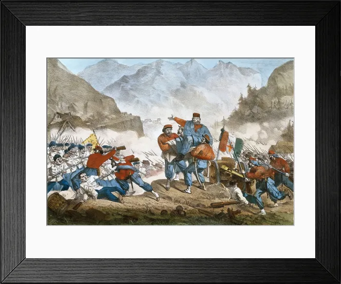 Framed Print : Italian unification. Battle of Bezzeca (July 211866). Garibaldiinjuredincites to his soldiers. Litography. ITALY. Brescia. Risorgimento Museum
