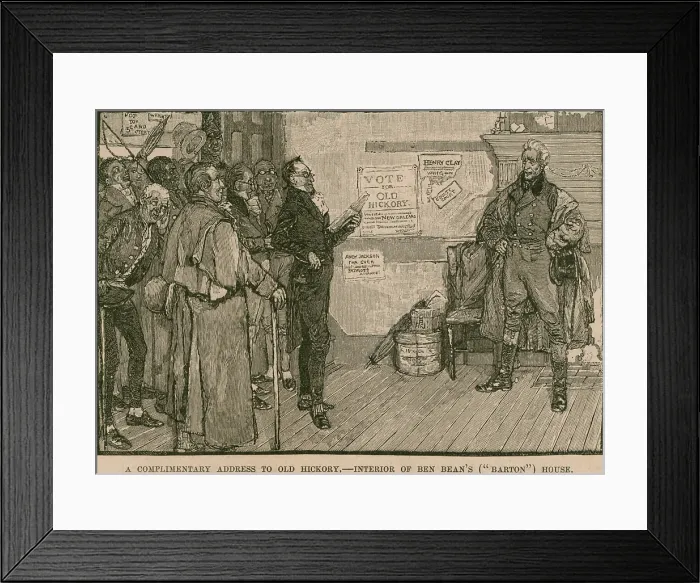 Framed Print : Andrew Jackson receives a complimentary address from supporters at Ben Beans Barton House an inn on the National Road Cumberland Highway the first major improved