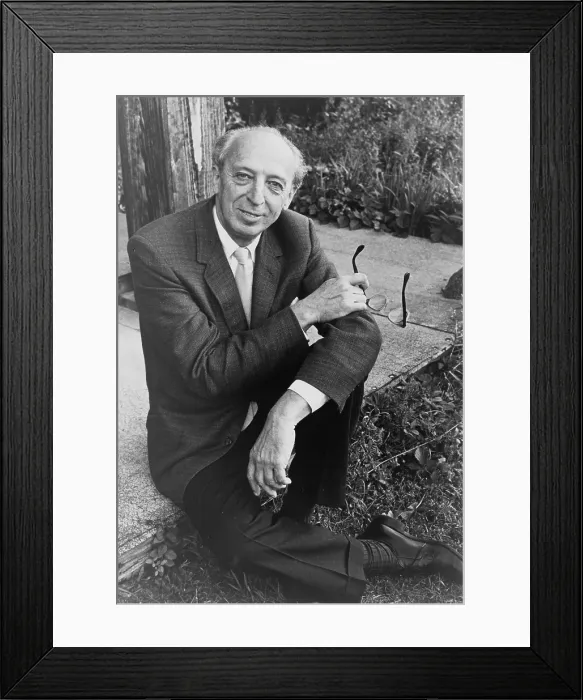 Framed Print : Aaron Copland (1900-1990), American composer, seated outdoors at the MacDowell Colony, a prestigous artists colony in New Hampshire, 1965 Framed Print : Aaron Copland (1900-1990), American composer, seated outdoors at the MacDowell Colony, a prestigous artists colony in New Hampshire, 1965