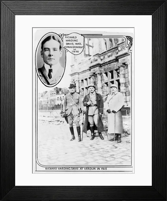 Framed Print : Richard Harding Davis (1864-1916), American journalist at Verdun, with two other men, in 1915, and insert of head-and-shoulders portrait of Davis in 1898 Framed Print : Richard Harding Davis (1864-1916), American journalist at Verdun, with two other men, in 1915, and insert of head-and-shoulders portrait of Davis in 1898