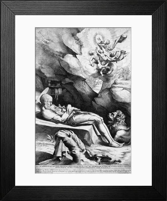 Framed Print : Saint Jerome (347-410), depicted as a hermit and ascetic at the time of his death. Jerome was among the most important Church Fathers of the Late Roman Empire. 1614 engraving Framed Print : Saint Jerome (347-410), depicted as a hermit and ascetic at the time of his death. Jerome was among the most important Church Fathers of the Late Roman Empire. 1614 engraving