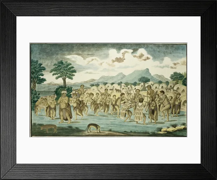 Framed Print : Group of the Khoi with Dancers and Musicians, by Robert Jacob Gordon, 1777-86, Scottish drawing, watercolor, ink, on paper