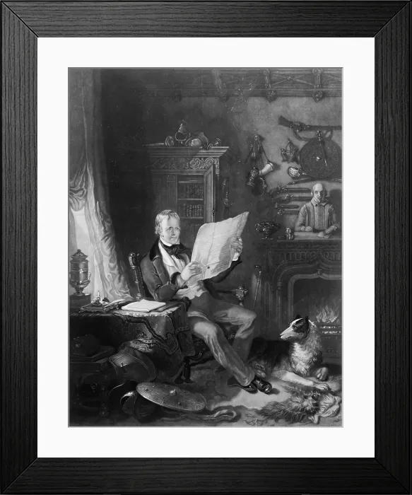 Framed Print : Sir Walter Scott (1771-1832), Scottish writer in his study at Abbotsford, surrounded by historical weapons, portraits, and statues related to the subjects of his novels