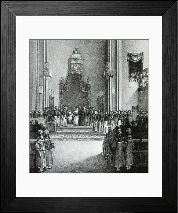 Framed Print : Spain (1837). The regent queen Mara Cristina, together with her daughter Isabel II, swears solemnly the Constitucion at the Congress (18th July 1837). Etching. SPAIN. Madrid